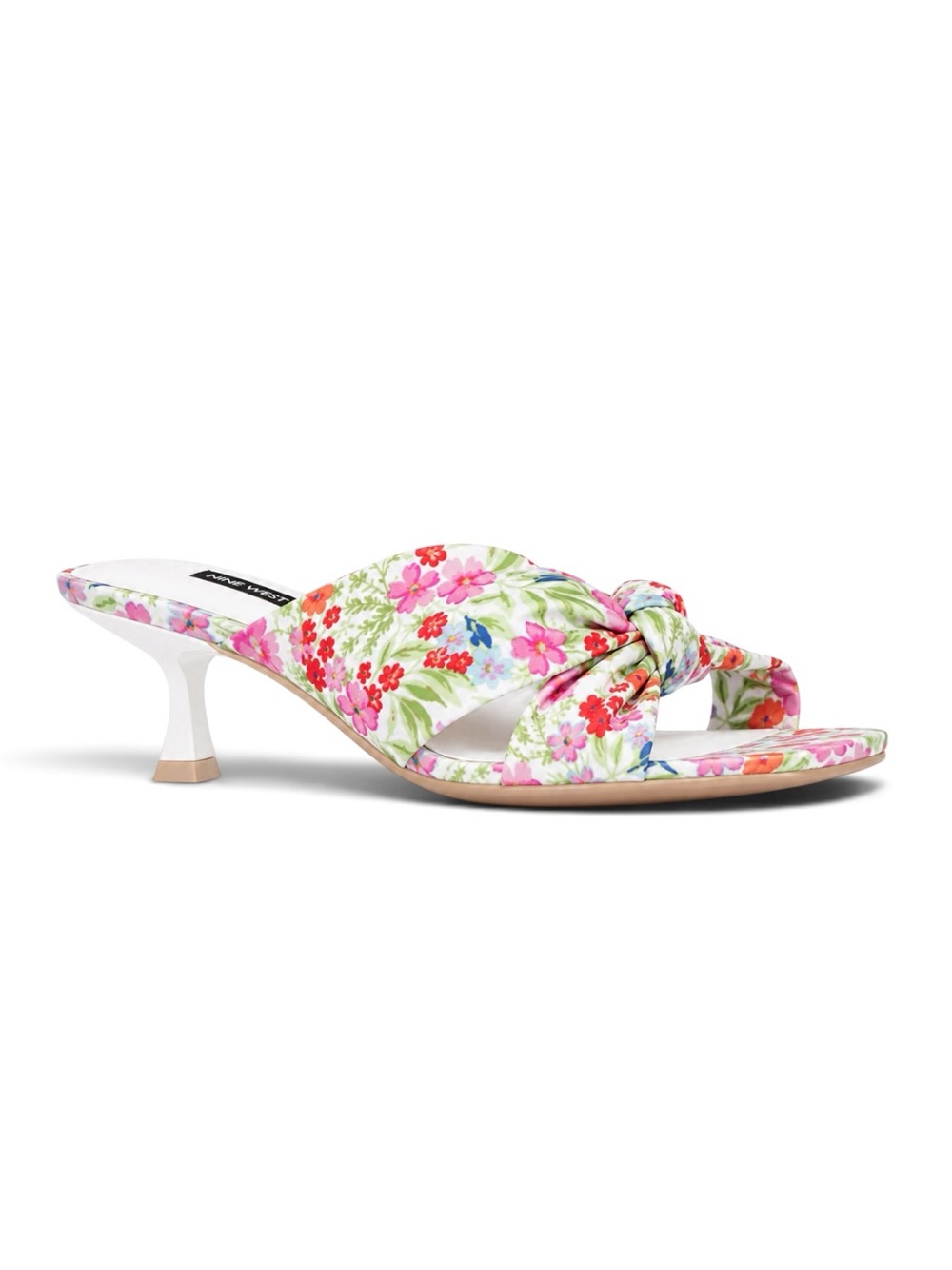 Nine West Dipa Knot Mule Kitten Heel Sandals White Multi Floral Print Size 10